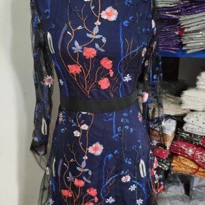 Floral Embroidery Sheer Mesh  Mini Dress